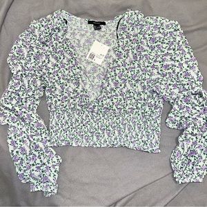 Forever 21 Women’s Floral Print Fairy Top Size Large Open V Long Sleeves